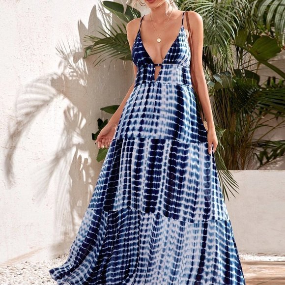 Blue Boho Womens Ruffle Hem Tie Dye Cami Dress - Picture 1 of 5